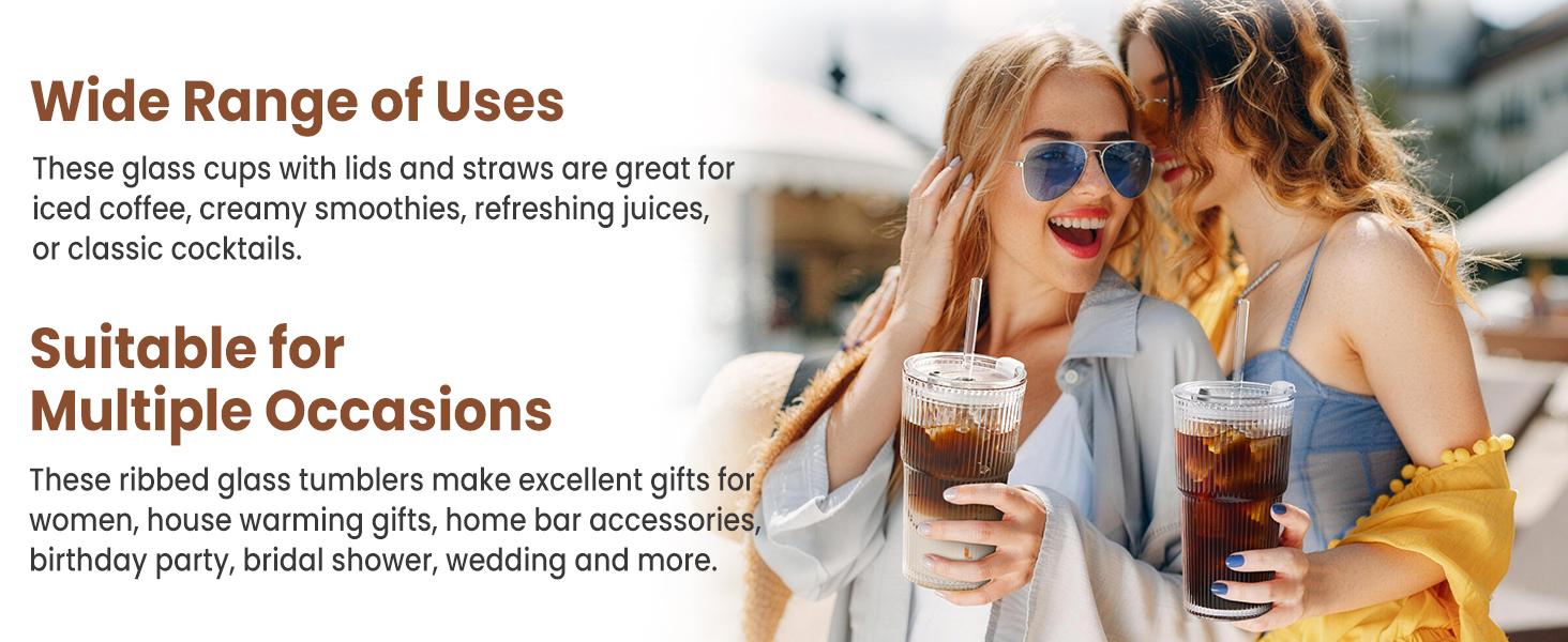 20 Oz Ribbed Glass Tumblers with Lids and Straws - 4 Pack Reusable Glass Coffee Cups with Straws and Lids, Thicken Glass, Ideal for To Go Iced Coffee