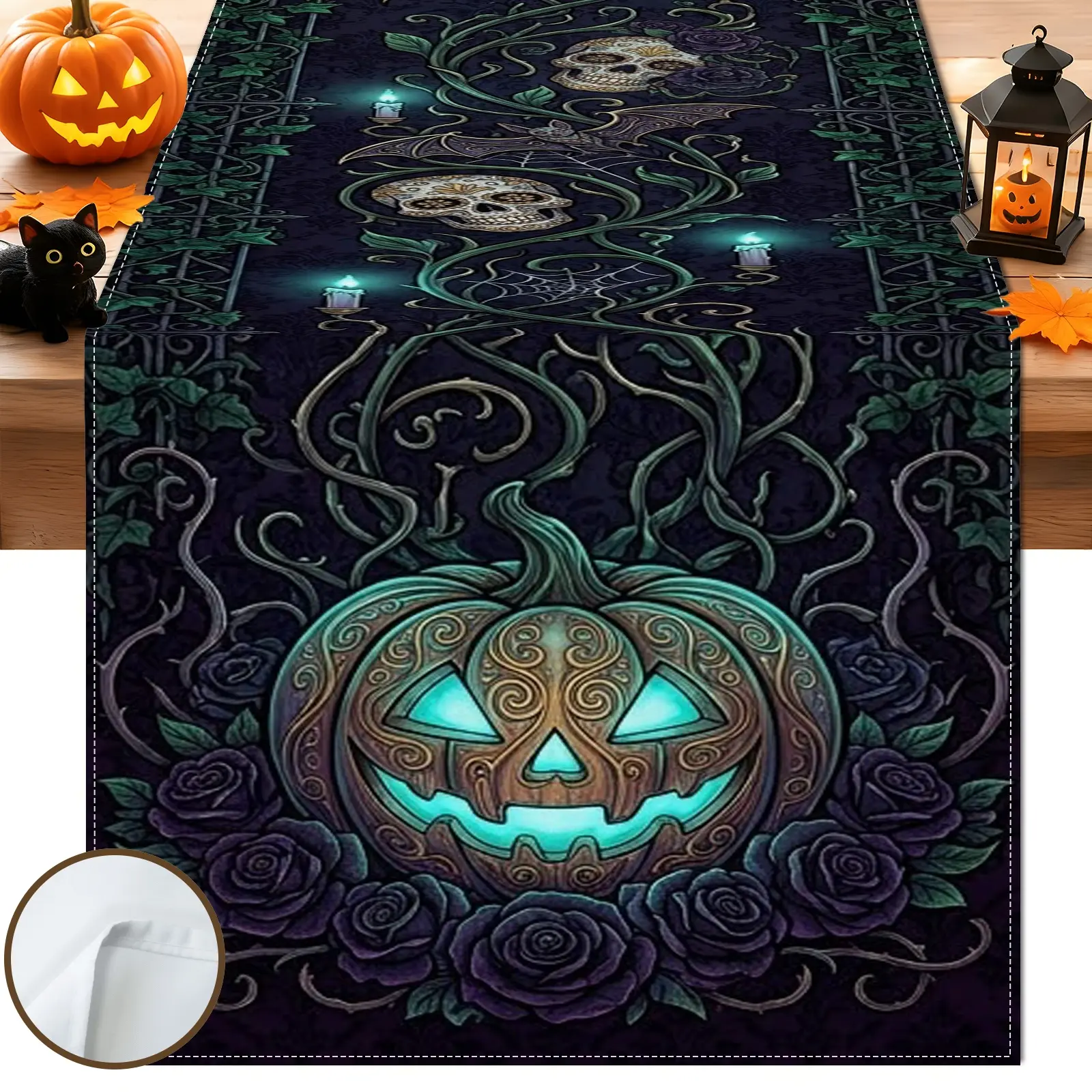 1pc Jack O Lantern Skull & Rose Table Runner, Gothic Halloween Style, for Dining Table, Tabletop, Kitchen, Halloween Party & Home Decor, Halloween Table Decoration and Spooky Home Decor