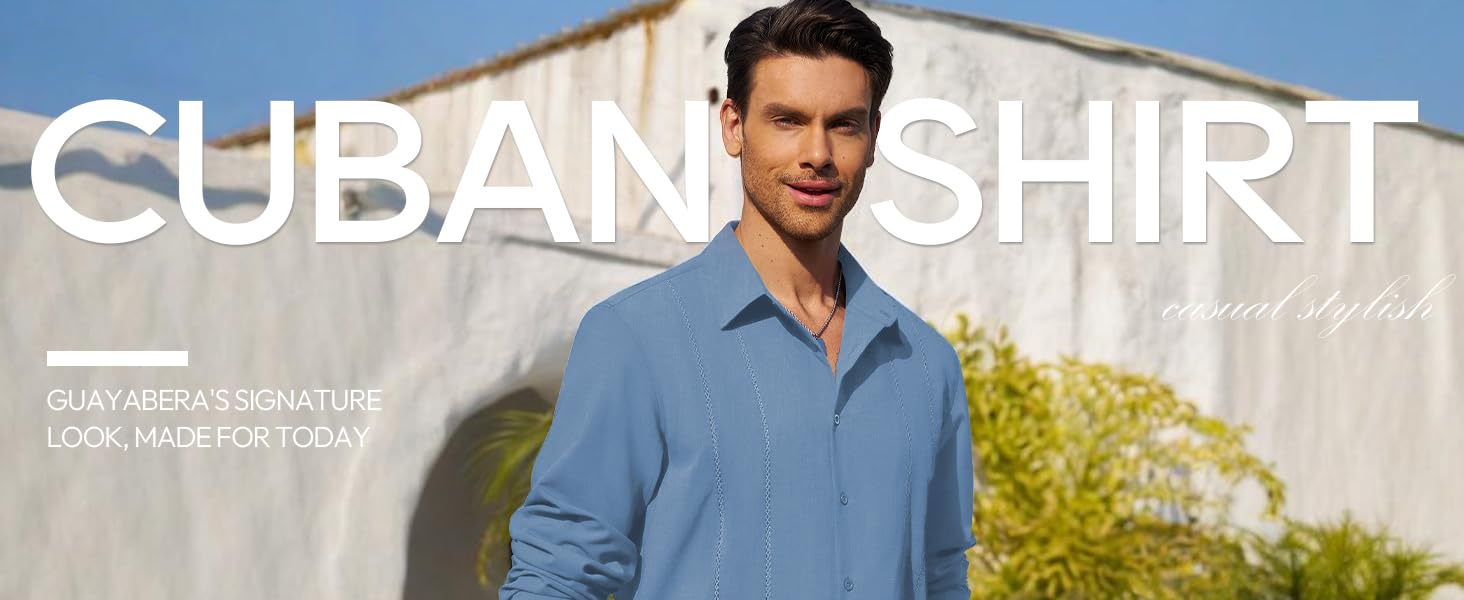 Alimens & Gentle Mens Cuban Guayabera Shirt Button Down Long Sleeve Summer Beach Casual Menswear