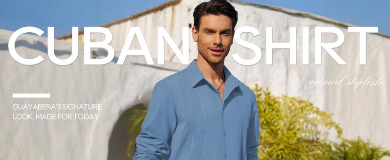 Alimens & Gentle Mens Cuban Guayabera Shirt Button Down Long Sleeve Summer Beach Casual Menswear
