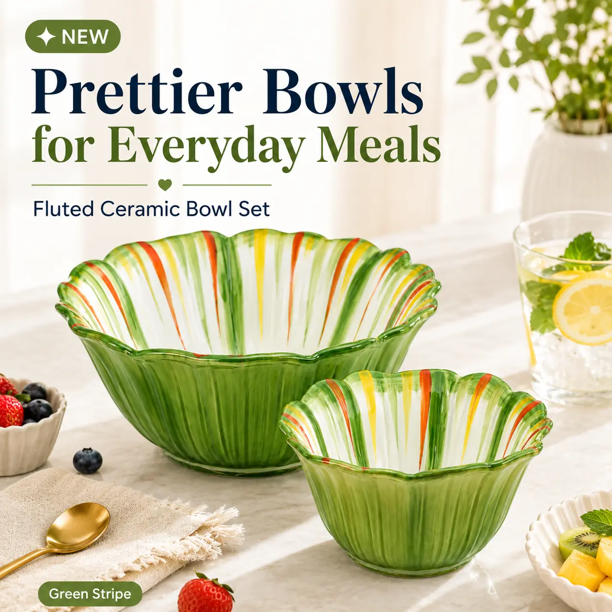 Rainbow Green Ceramic Fluted Bowl Set, 2-Piece 16.9 fl oz and 8.8 fl oz Cereal Soup Rice Bowls, Microwave and Dishwasher Safe