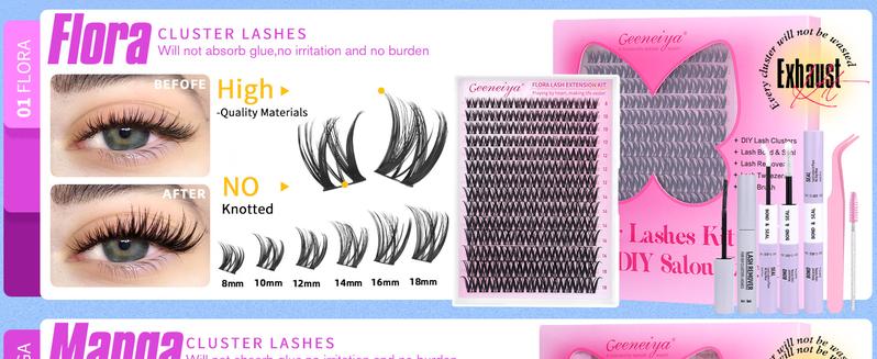 Geeneiya Lashes Waterproof DIY Lash Extension Kit, 8-18MM Wispy Lash Clusters Kit,Ultra-thin Soft Band Eyelash Extension Kit with Waterproof Lash Bond and Seal,Lash Remover,Tweezers for Girls Gift Makeup Cosmetic (Flora/ Venus/ Manga)TikTokShopBlackFriday