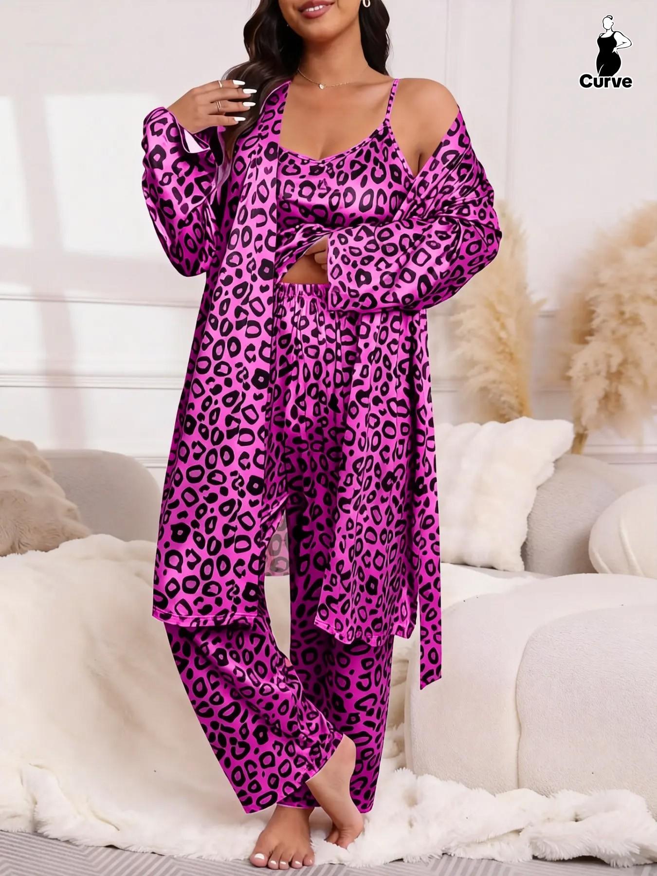 Plus Size Women's  Leopard Print Pajama Set, Casual Comfy Cami Top & Elastic Waist Pants & Long Sleeve Open Front Belted Robe Set, Loungewear Set for Women