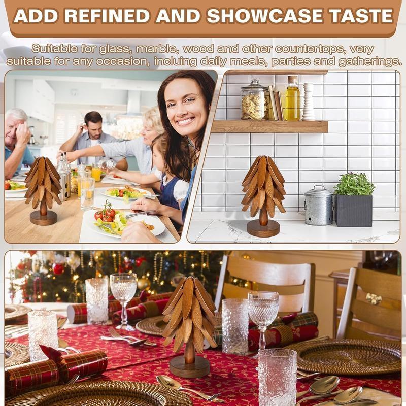 2026 Natural Tree Trivet Set - Christmas Tree Design! This heat - resistant set includes 4 walnut - wood trivets and 1 stand, stored like a Christmas tree. A foldable kitchen decor art, perfect for pots, bowls, coffee mugs, teapots and hot pots.