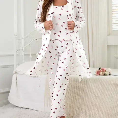 Cherry Print Women's Nightgown Set, Loungewear Robe, Cami and Pants, Comfortable Casual Home Wear, Indoor Sleepwear, All-Season Fitted Sleepwear, Medium-Weight Fabric, Nightwear Sleepwear Homewear