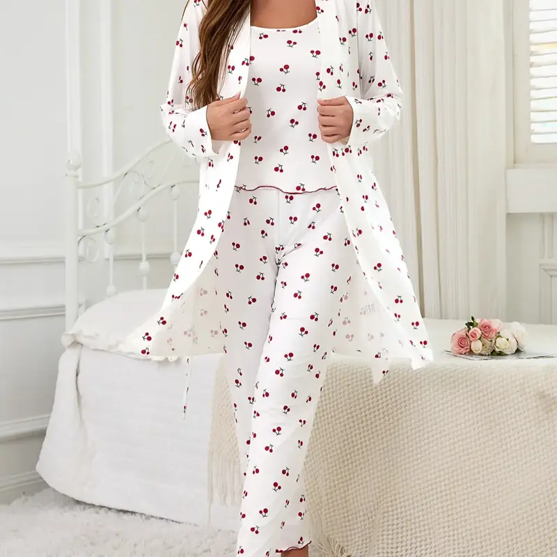 Cherry Print Women's Nightgown Set, Loungewear Robe, Cami and Pants, Comfortable Casual Home Wear, Indoor Sleepwear, All-Season Fitted Sleepwear, Medium-Weight Fabric, Nightwear Sleepwear Homewear