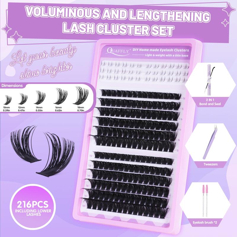 QUAFFLY Volume Eyelash Clusters Kit Diy Volume Eyelashes 120D Lash Clusters with Bottom Lashes Fluffy Cluster Eyelash Extensions 216 Pcs D Curl Lash Clusters Kit With Lash Bond and Seal Tweezers Brushes