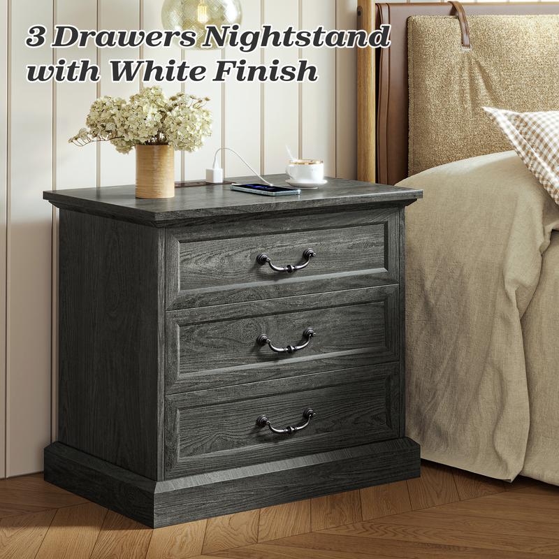 Huuger Nightstand with Charging Station, 3 Drawer Night Stand, 22 Inch Wider Side Table with Storage, Farmhouse Nightstand with Vintage Handles, Thicken Base, for Bedroom