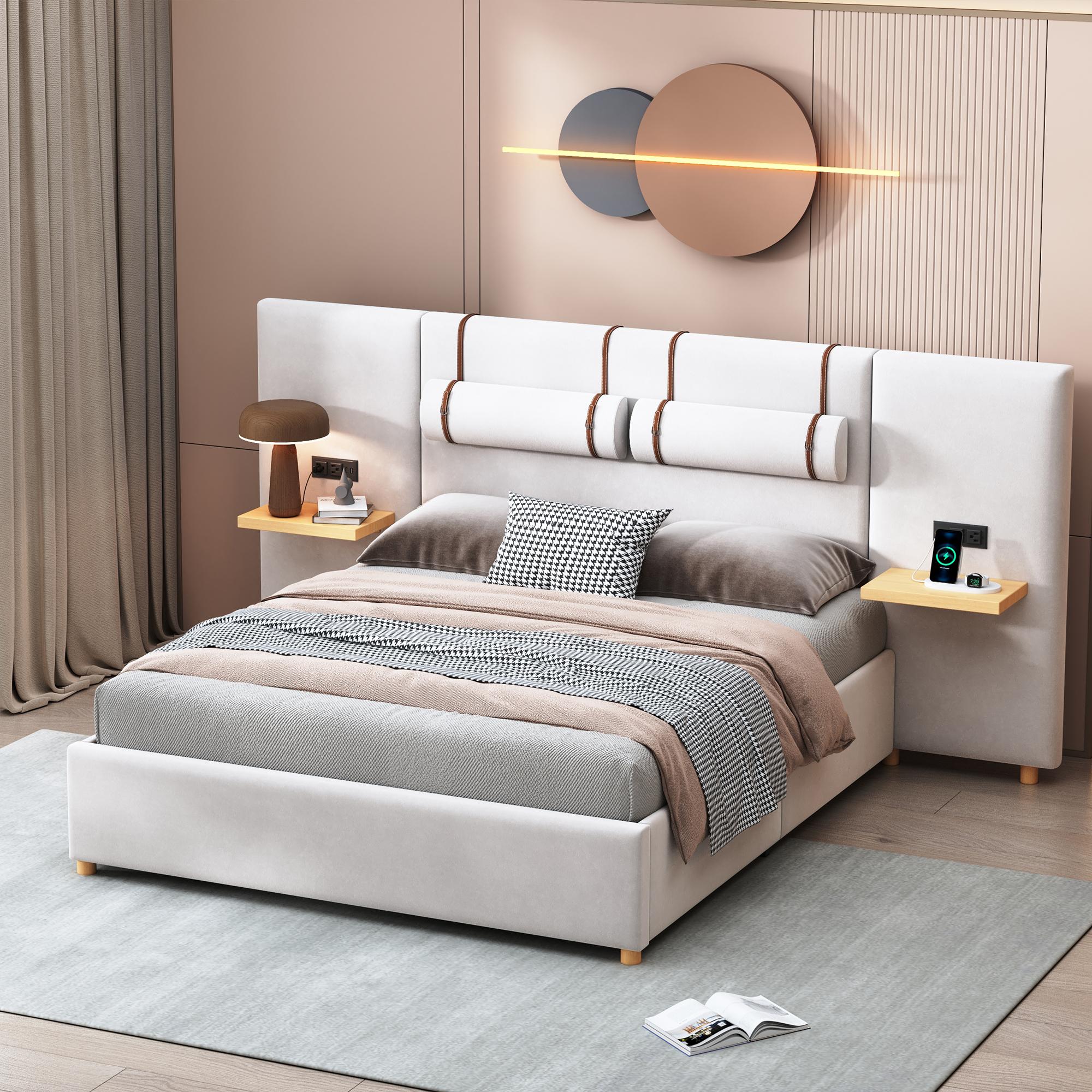 Bellemave Queen Size Upholstered Platform Bed with Two USB Charging Ports & Plush Headboard in Beige Velvet Fabric Includes Bedside Pillows & Storage Shelves