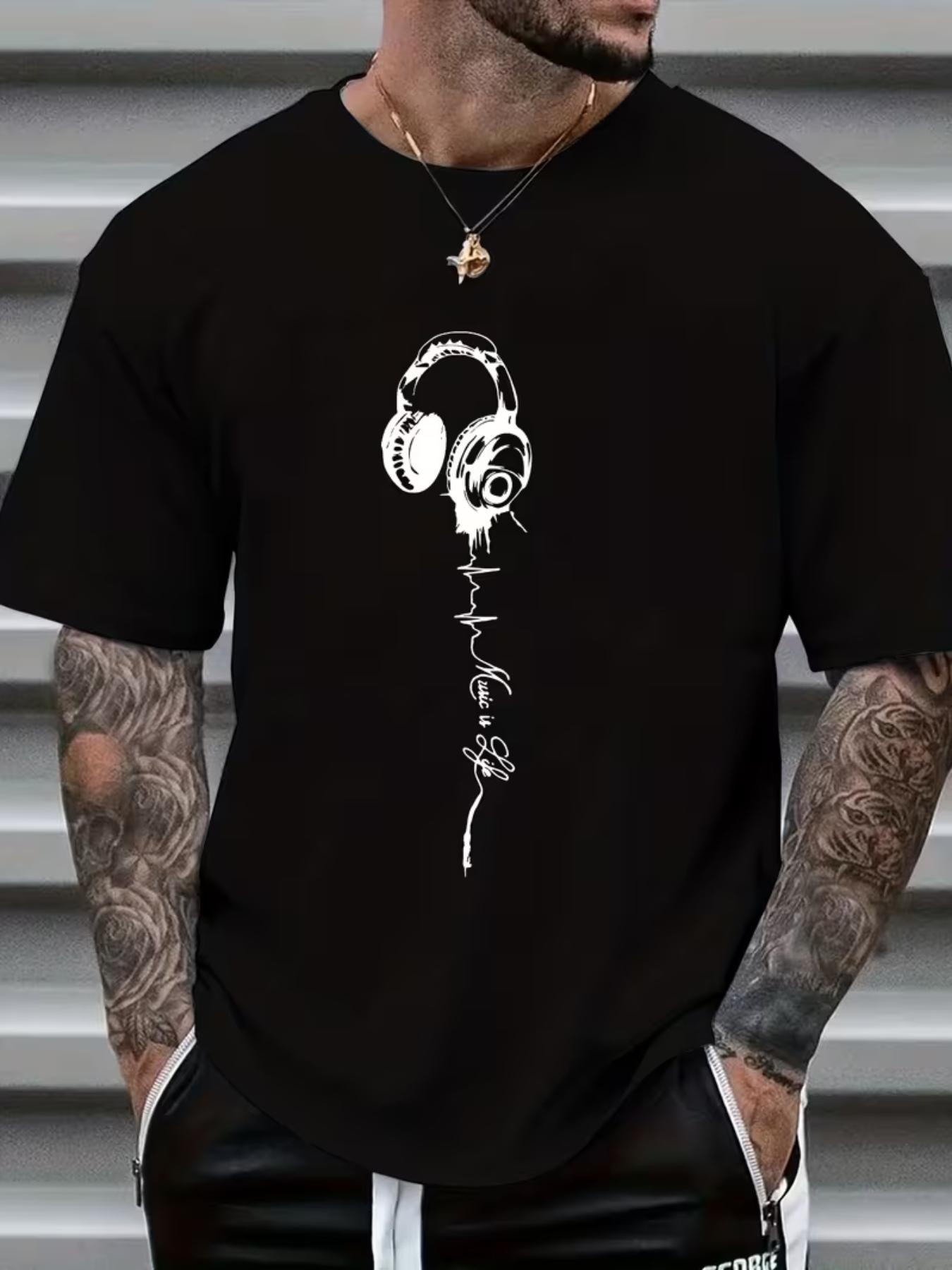 Men's Graphic Print Short Sleeve T-Shirt, Casual Fitted Top for All Seasons, Trendy Music Earphone Design, Fashionable Streetwear