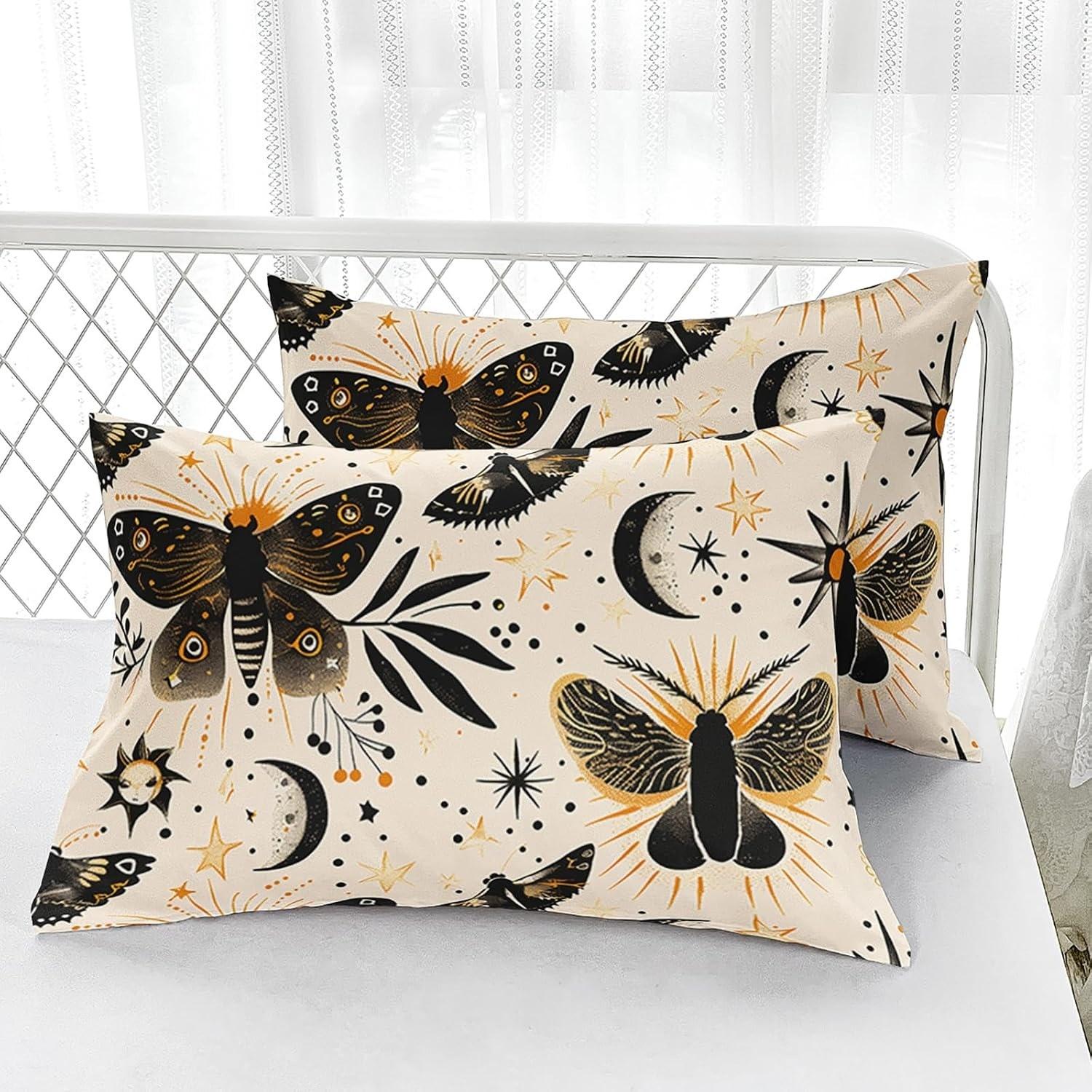 Death Moth Theme Extra Large Twin Bed Set, Moon Sun Pattern Bohemian Style Soft Deep Pocket Sheet, Includes Two Pillowcases, Unisex, 3-Piece Set, Polyester Bedding