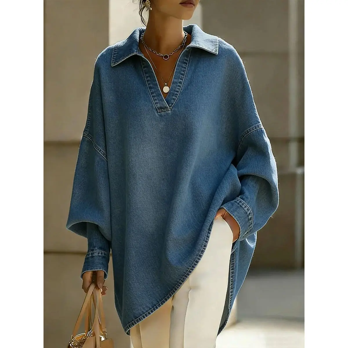 Women's 2026 Autumn/Winter Soft Thick Oversized Collared Blouse, Long Sleeve V-Neck High-Low Hem Polyester Cotton Blend Tunic, Loose Boyfriend Plus Size Washed Denim Look Top for Layering, Everyday Casual Wear
