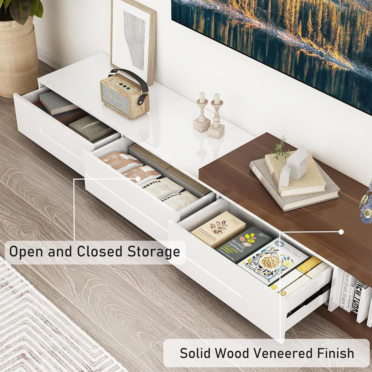 Extendable TV Stand for TVs up to 120", Wood Reversible Entertainment Center with 3 large Drawers, Extendable TV Media Console for Living Room,Bedroom