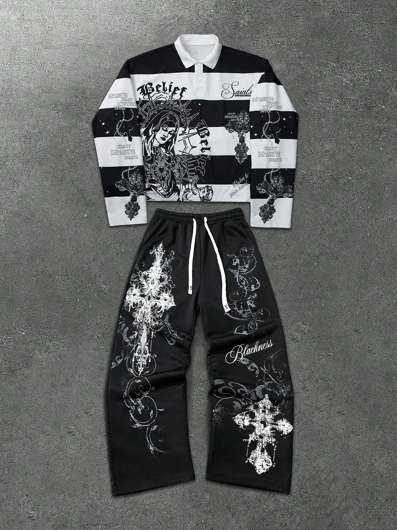 Men's Opium Style Gothic Cross Graphic Two-Piece Set - Casual