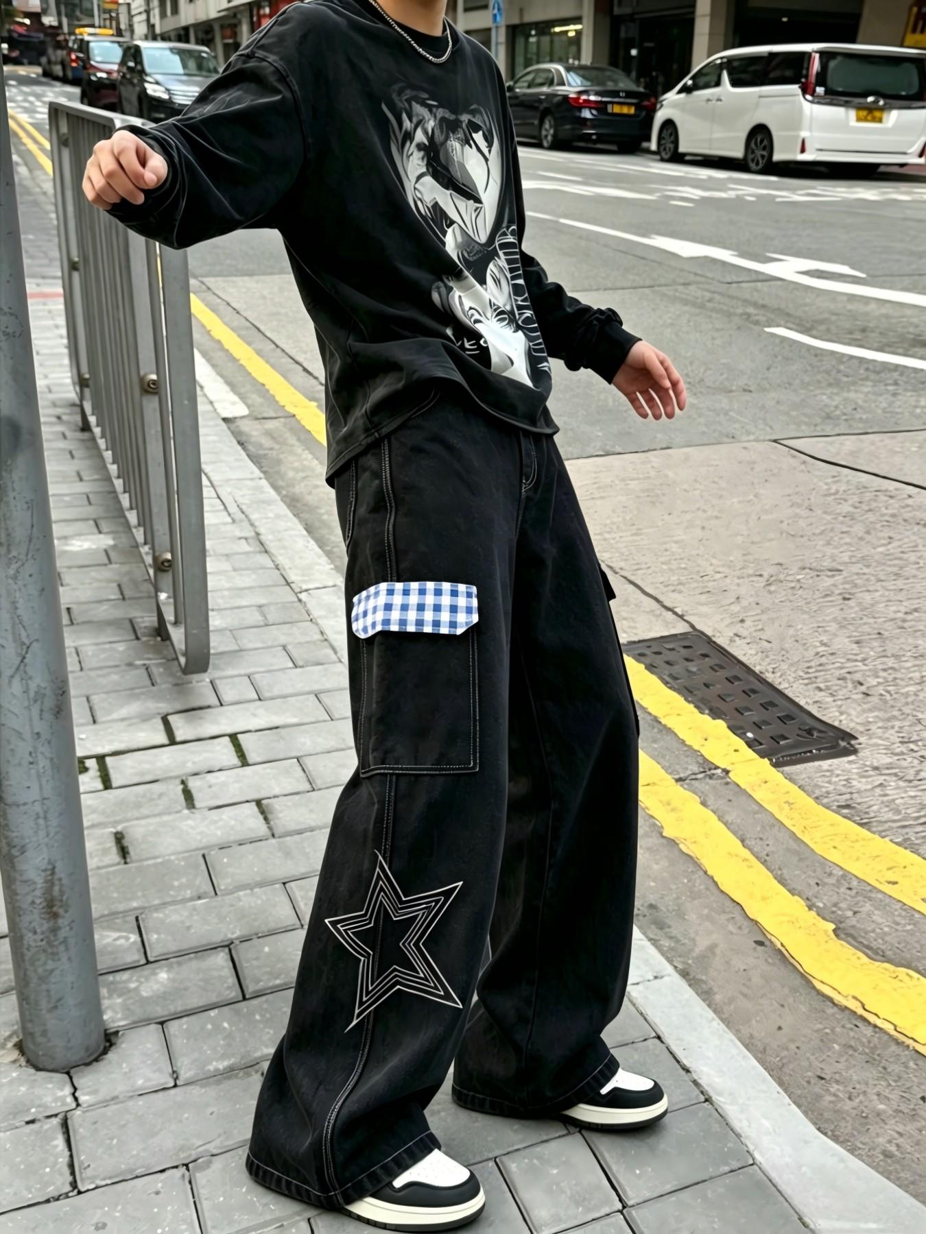Fashion Streetwear Hip-Hop Straight Leg Embroidered Classic Work Jeans for Men, Trendy Multi-Pocket Work Denim Jeans, Casual Loose Fit