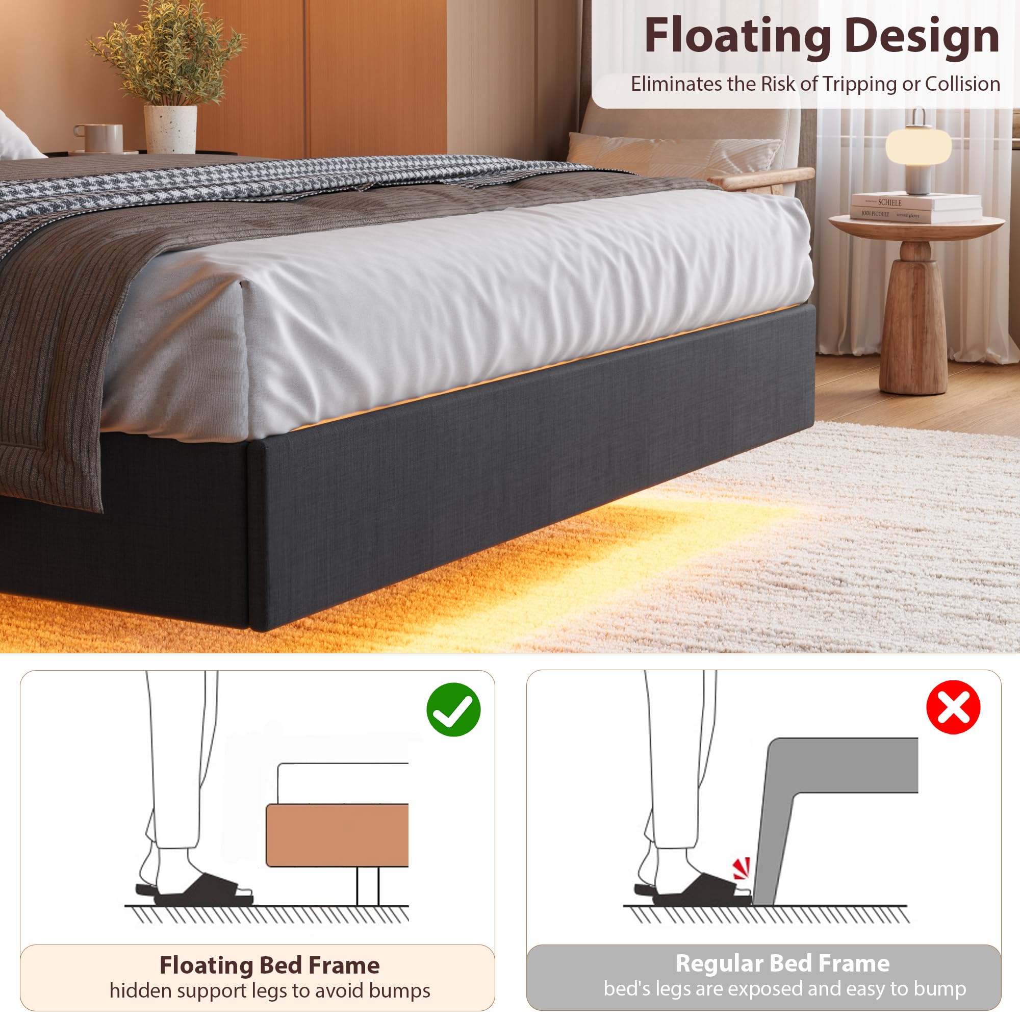Floating Bed Frame with LED Lights & Charging Station, Upholstered Platform Bed with Storage Headboard, Wood Slats Support, No Box Spring Needed, Easy to Assemble Floating Bed Frame with LED Lights & Charging Station, Upholstered Platform Bed with Storage Headboard, Wood Slats Support, No Box Spring Needed, Easy to Assemble