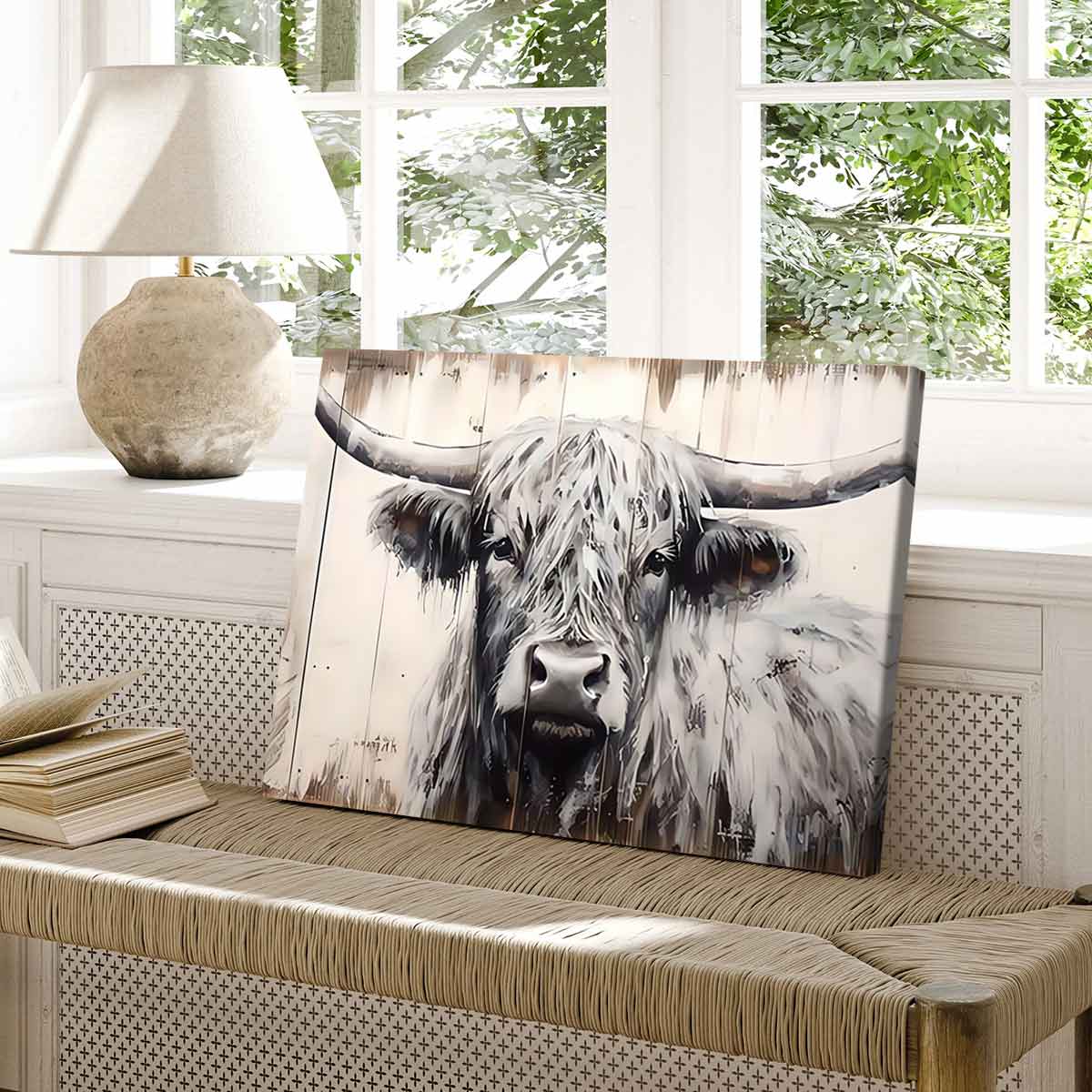 Vintage Highland Cow Canvas Print, Solid Wood Frame, Modern Art Decor, Waterproof & High-Definition, Ideal Gift for Home Office Wall