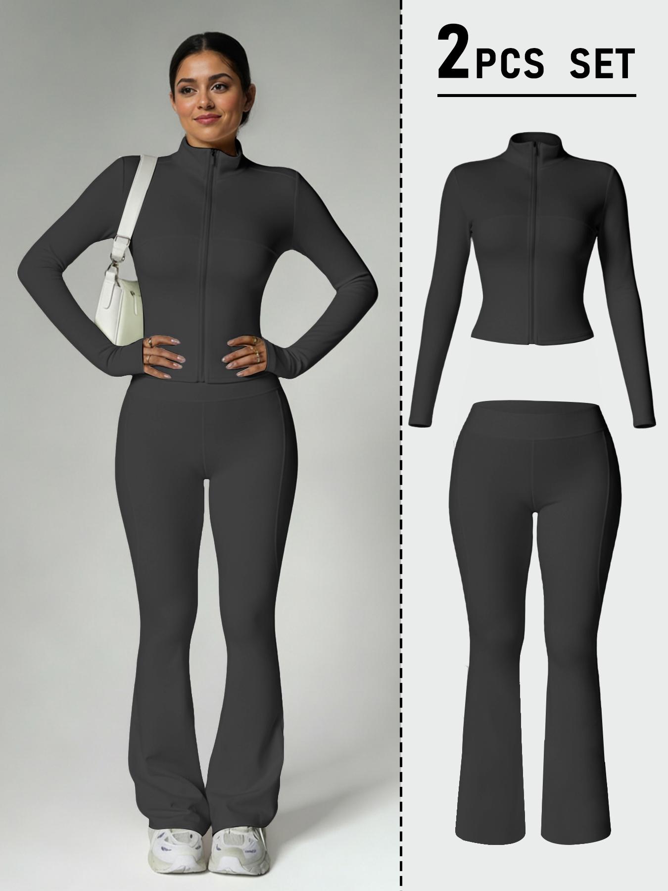 Women's Fashion Two-Piece Set, Slim Fit Long Sleeve Thumb Hole Cuffs, Zipper Front Jacket Style, High Waist Flared Pants, Fall & Winter Casual Wear