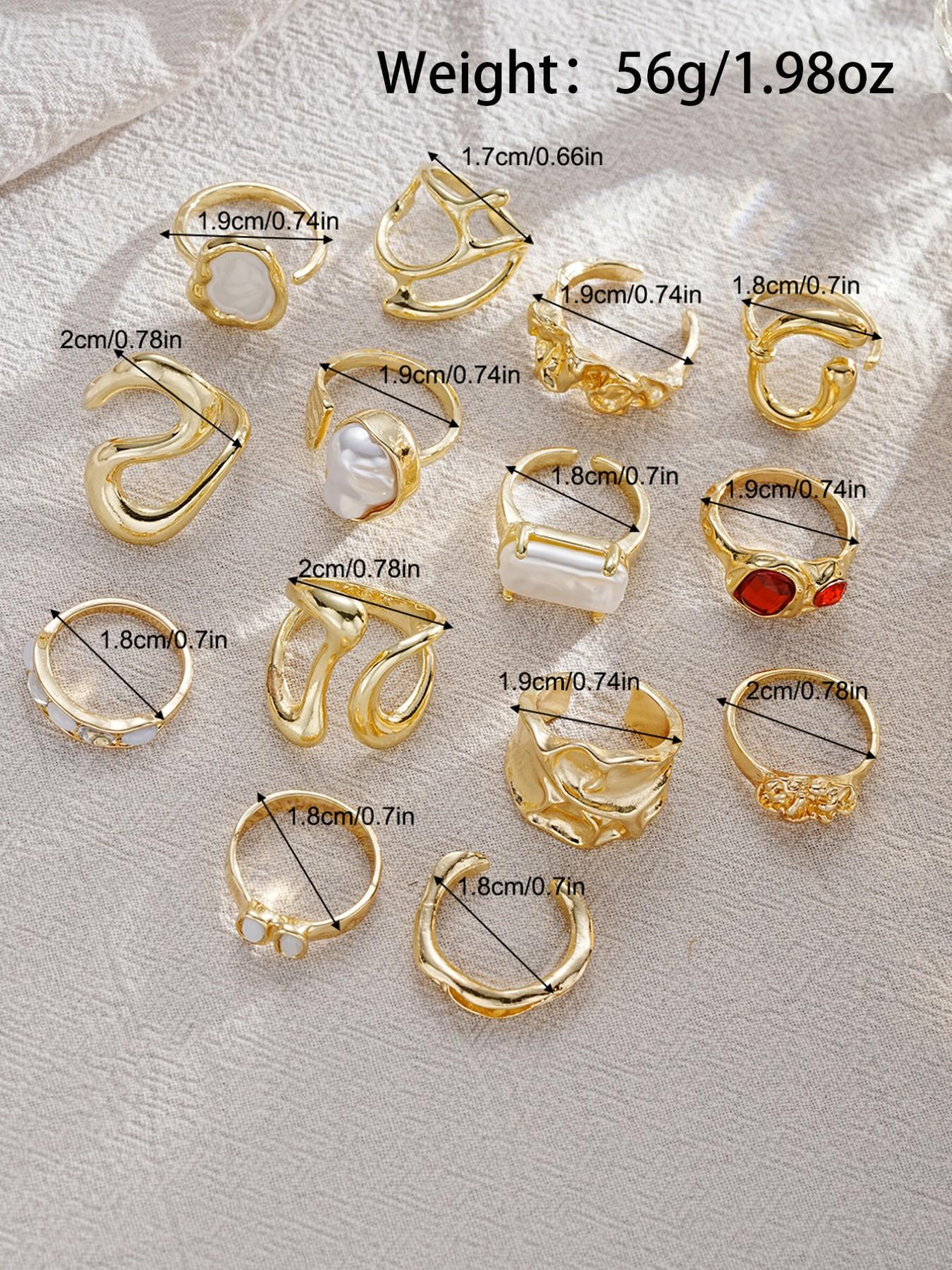 14-Piece Women's Fashion Stackable Rings Set, Vintage Chunky Boho Resin Pearl Colorful Rhinestone Wide Band Rings, Perfect Gift for Girlfriend Mom