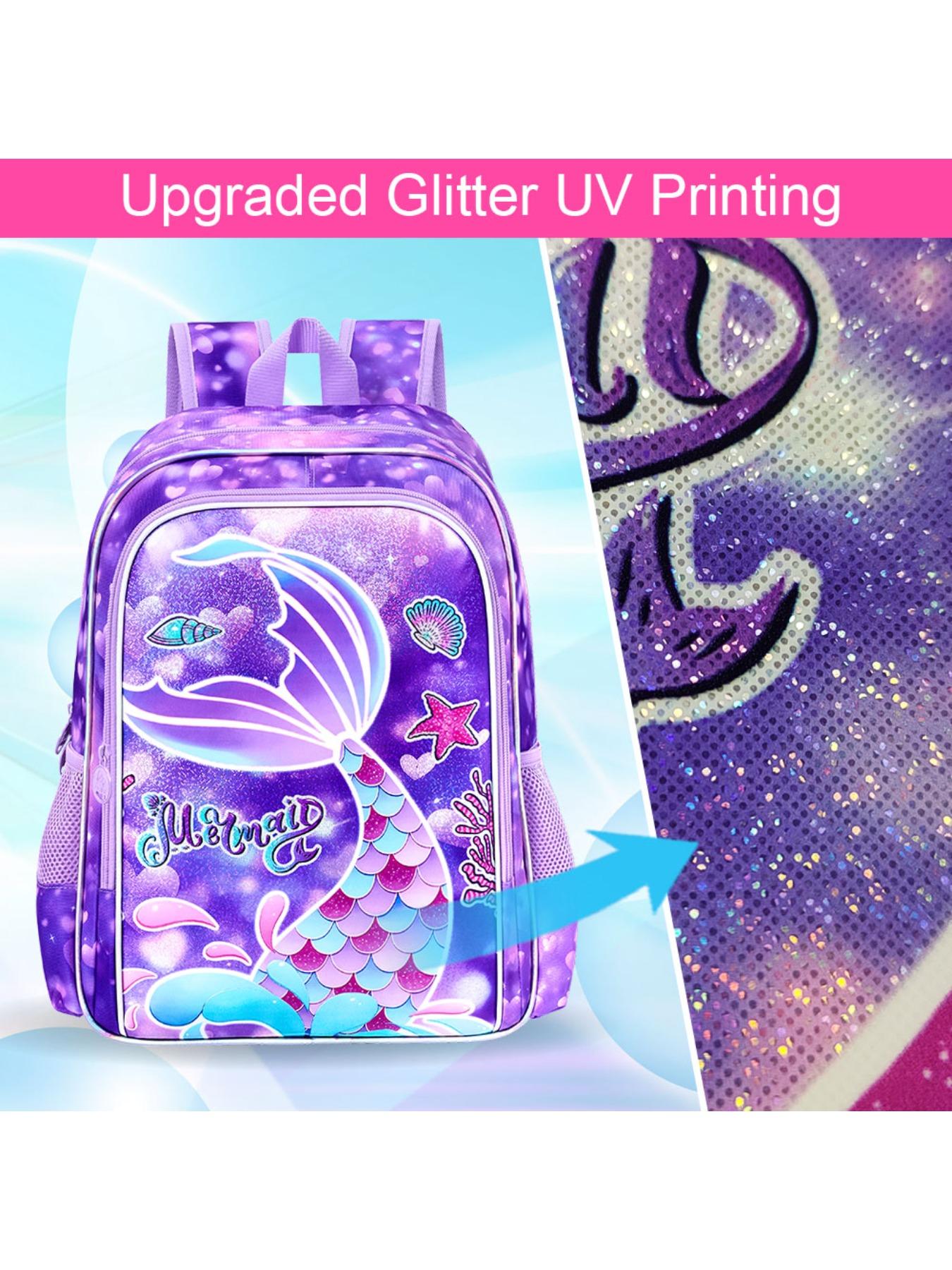 3Pcs Mermaid Backpack for Girls, 16" Kids Fishtail Bookbag with Lunch Box, Cute Schoolbag for Preschool Kindergarten Toddler(Rainbow)