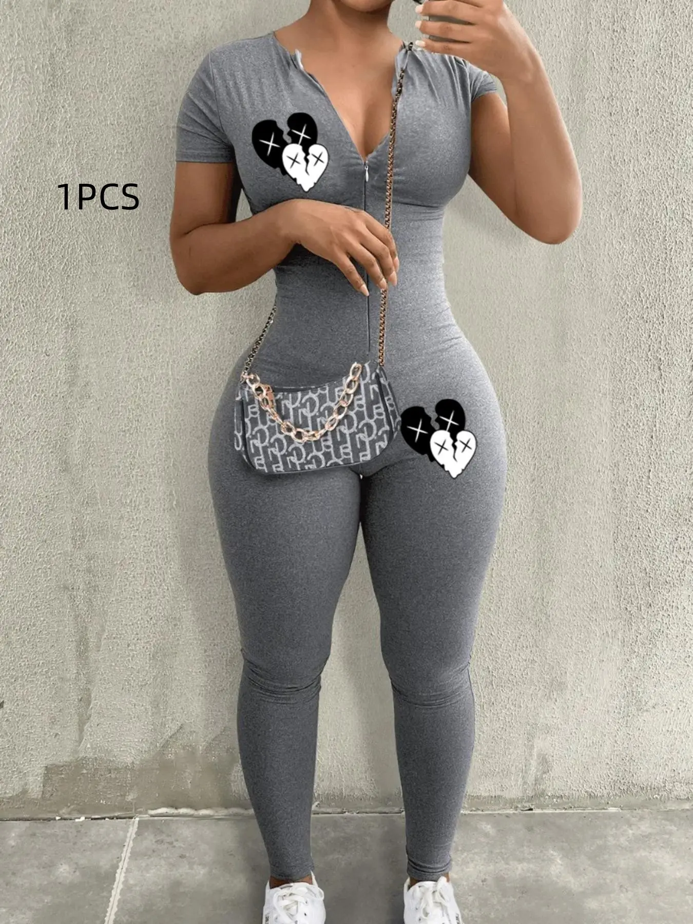 Women's Heart Print Short Sleeve Jumpsuit, Casual Comfy Bodycon Fit Jumpsuit for Summer, Fashion Women's Clothes for Daily Wear Womenswear