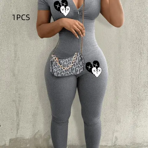 Women's Heart Print Short Sleeve Jumpsuit, Fit Jumpsuits, Casual Comfy Bodycon Jumpsuit for Summer, Fashion Women's Clothes for Daily Wear