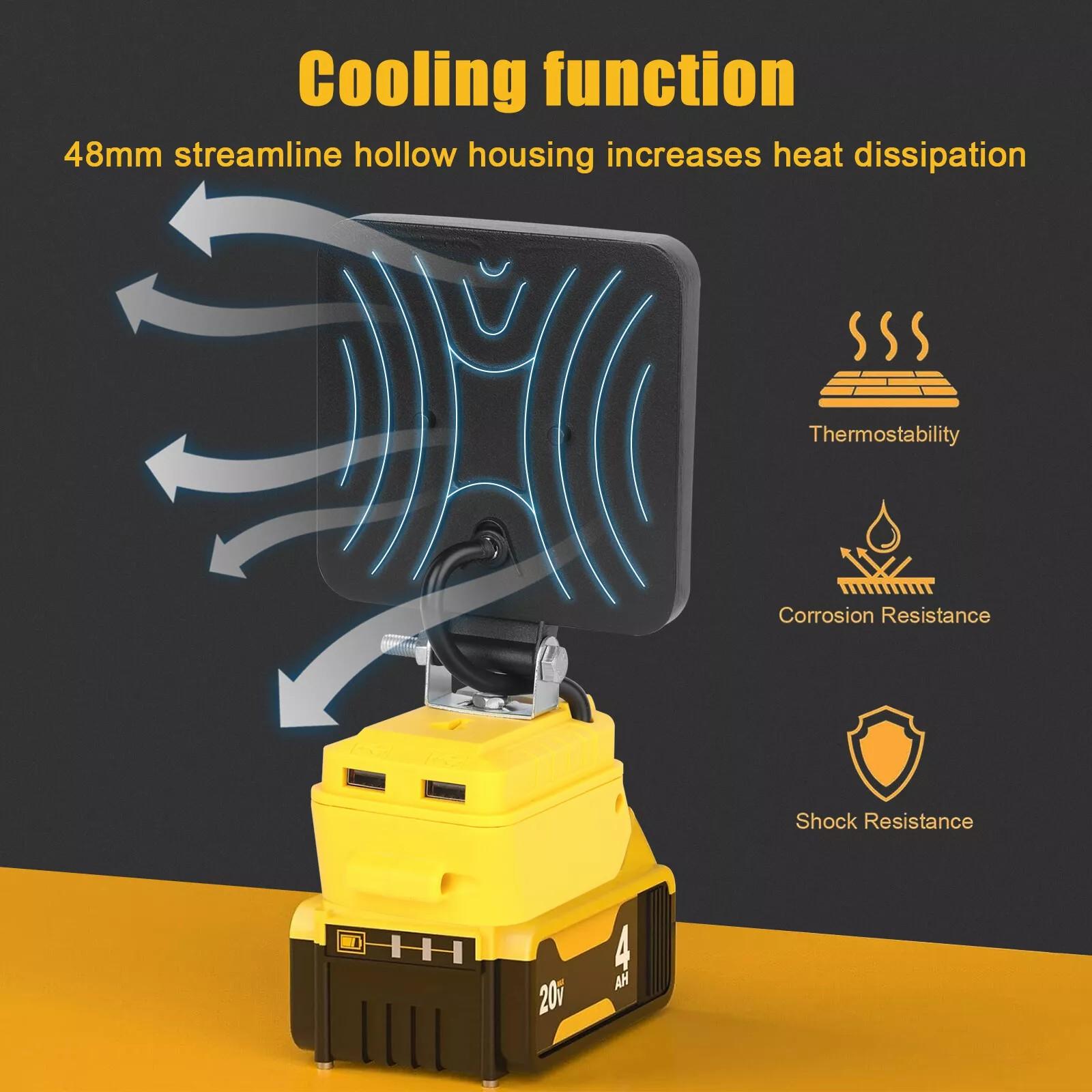 KUNLUN Cordless LED Work Light for De Walt 20V Battery, 4800LM Portable Flood Light with USB Charging, 140° Adjustable Head for Jobsite & Outdoor Use (Battery not included) Power ,Luminous Flux, Lamp Beads ,Diy Projects