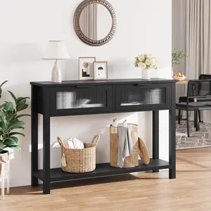 Garvee Entryway Table - Narrow Console Table with Glass-Front Drawers, Rustic Modern Farmhouse Style, 2-Level Open Shelf, MDF Top, Solid Wood Legs, Black Sofa Table for Home Decor