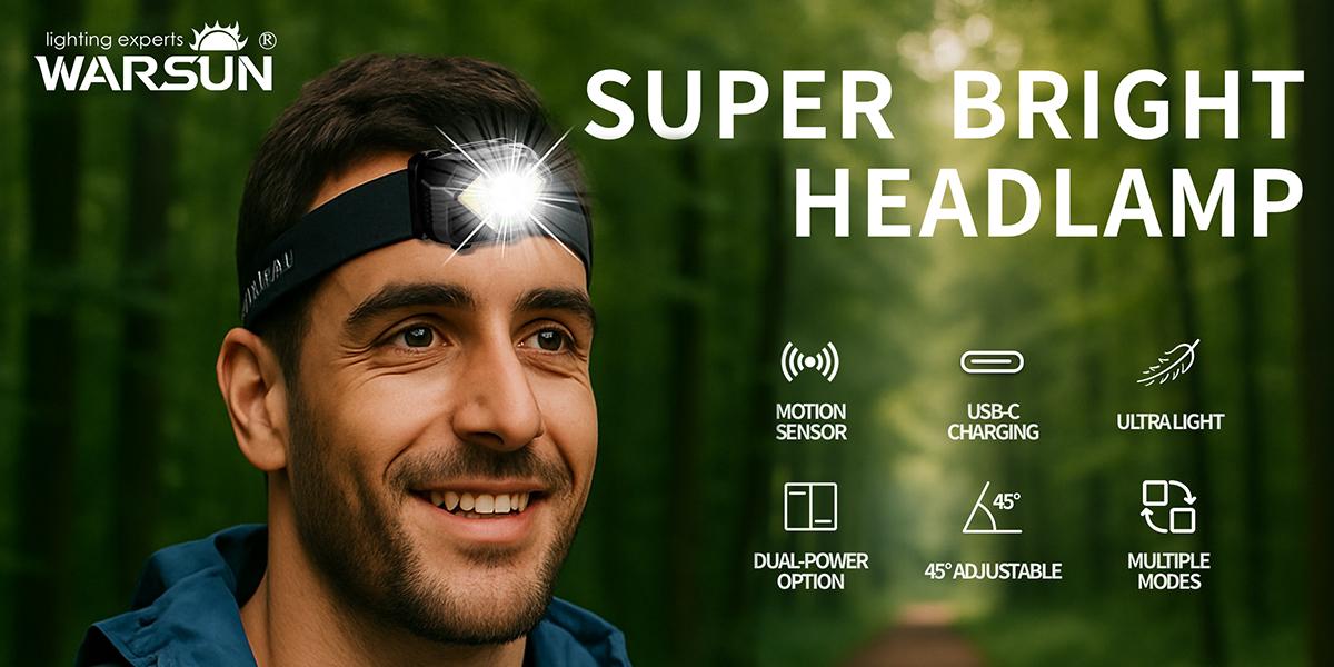 WARSUN Rechargeable Headlamp – 500LM COB LED with Motion Sensor, Type-C Charging, Dual Power, 10H Runtime, Waterproof, for Camping, Work & Emergency