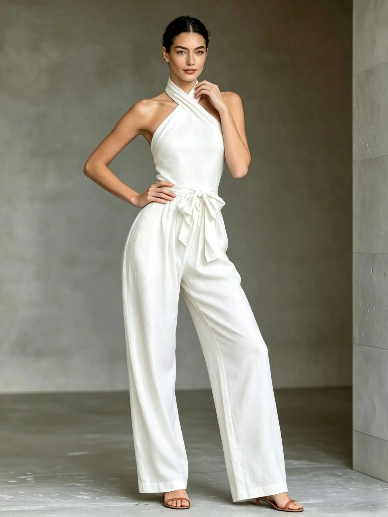 D2011 Soft Life Quiet Luxury Athleisure Jumpsuit, Minimal Clean Girl Halter Wrap Front, Adjustable Belted Waist, Hidden Pockets & Relax Wide Leg Trendy Daily Co-Ord Fit.