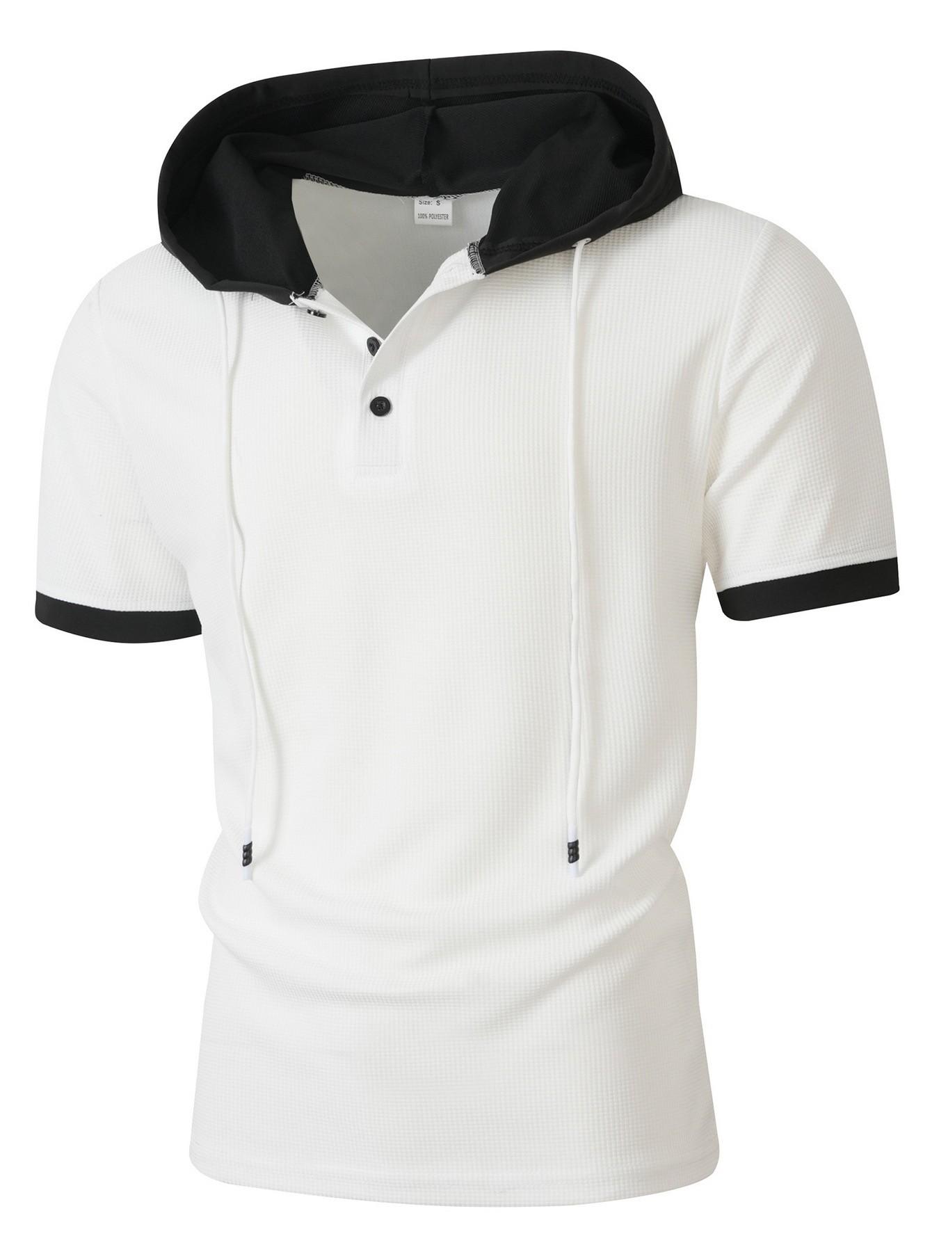 New men's waffle knit polo shirt with hood - stylish contrasting color hood and cuffs, semi-open buttoned collar, short sleeves, and fitted design. Perfect for casual outings, vacations, and daily trendy street style.
