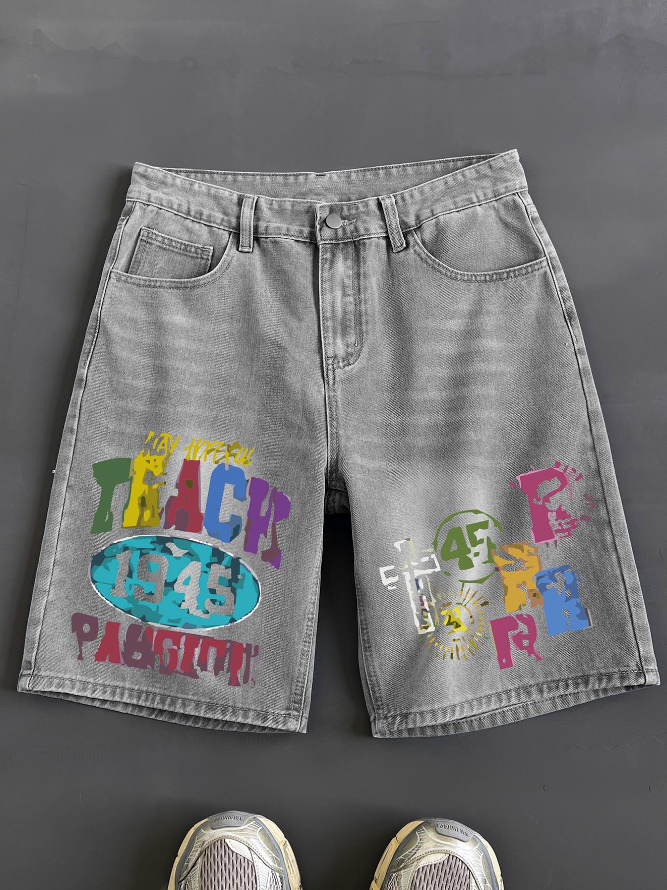 Men's Colorblock Letter Print Denim Shorts, Light Wash Loose Casual Fashion Paint Splatter Shorts for Summer, Men's Bottoms for Daily Wear, Menswear