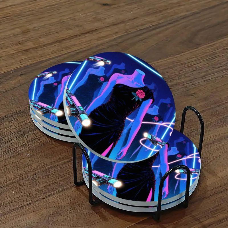 6-piece ceramic coaster set, futuristic theme: black off-the-shoulder dress with neon guns, heat-resistant and non-slip coasters with holders, perfect for home, dining, and as beverage mats.