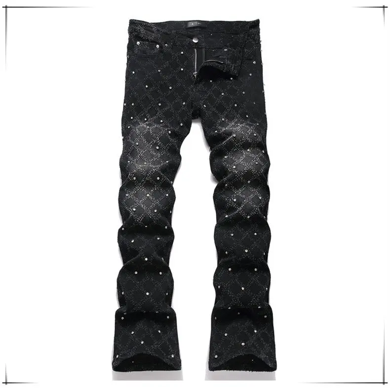 Men's High Cotton Vintage Black Wash Stacked Flare Jeans, Allover Diamond Print Rivet Studded Slim Fit Distressed Denim Pants for Hip Hop Streetwear Casual Wear