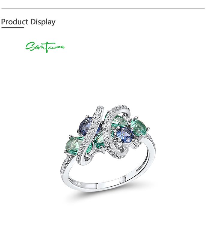 SANTUZZA Created Green And Blue Spinel White Cubic Zirconia 925 Silver Ring For Women Fine Jewelry