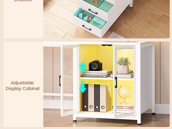 SEDETA 109 Inch L Shaped Gaming Desk with 4 Drawers Display Cabinet Computer Desks with 2 Monitor Stands CPU Stand LED Lights and Power Outlet