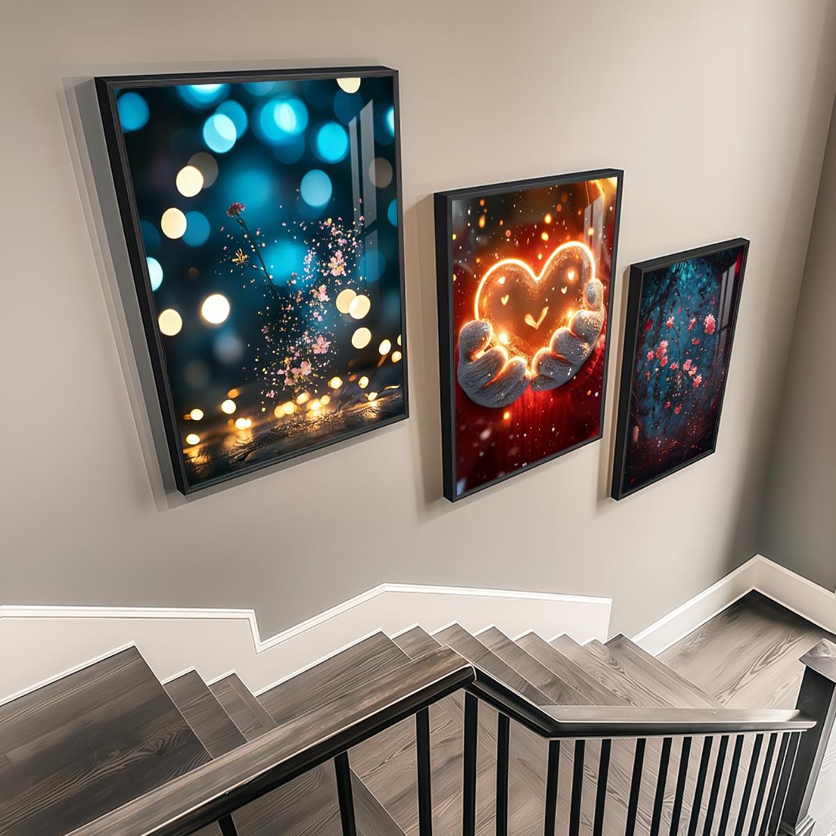 3 Counts Aluminum Alloy Framed Painting, Glowing Heart And Blooming Flowers Pictures, Home Decoration For Living Room, Bedroom, Office, Restaurant, Hallway Wall Decor, Odorless Print Artwork, Luxury Perfect Gift For Friends And Family
