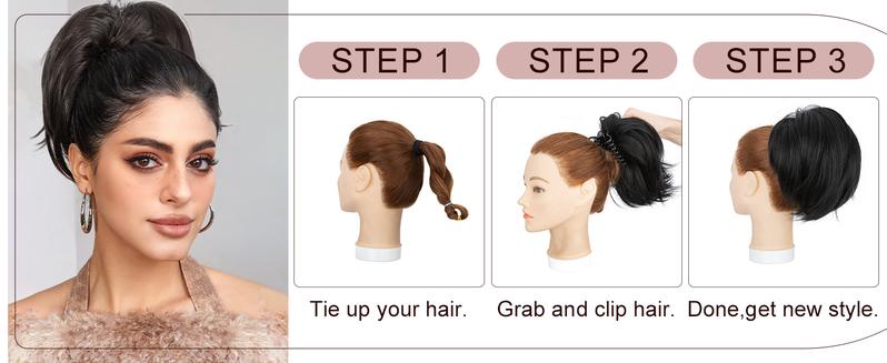 SEGOHAIR Claw Clip Short Ponytail Hair Extensions Messy Bun Hair Piece with Bendable Metal Wire Natural Fluffy Synthetic Straight Hairpiece