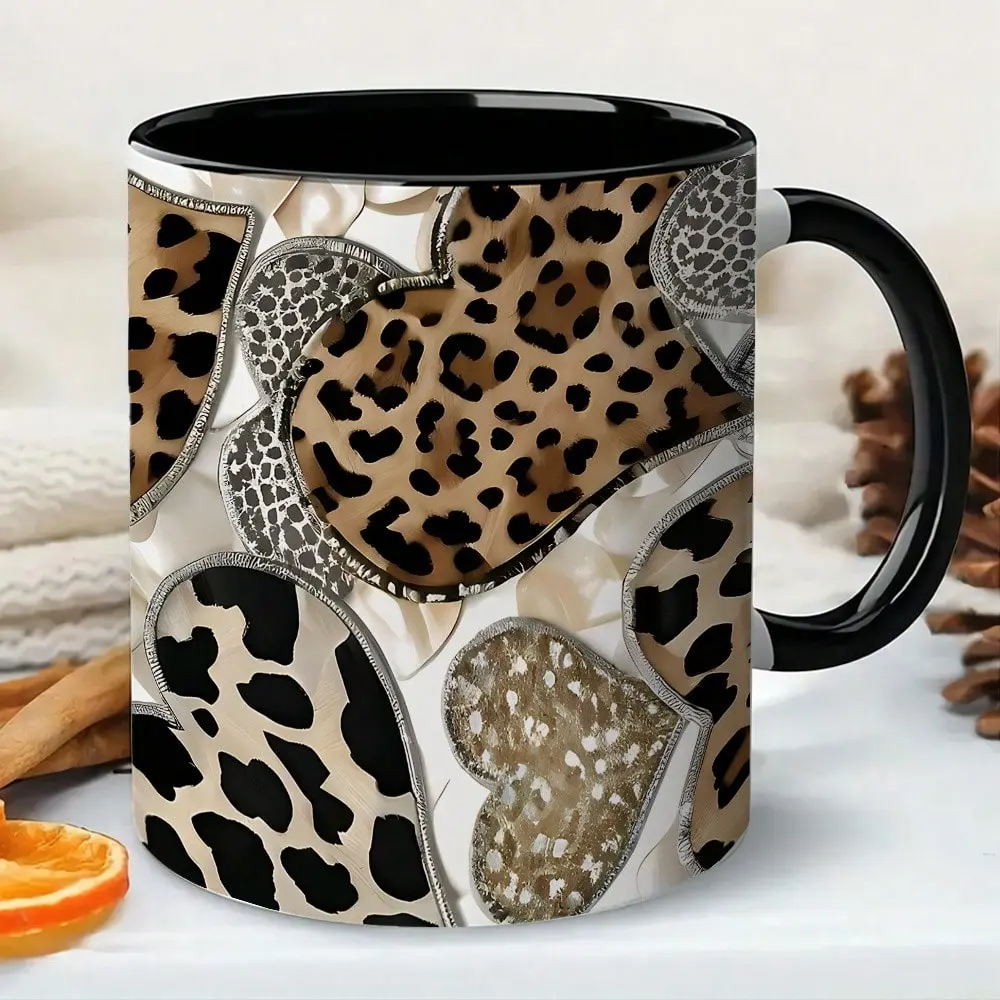 Leopard Print Ceramic Mug, 11oz Coffee Tea Cup With Animal Spot Design, Microwave Safe Drinkware Gift for Women Reuse Washable