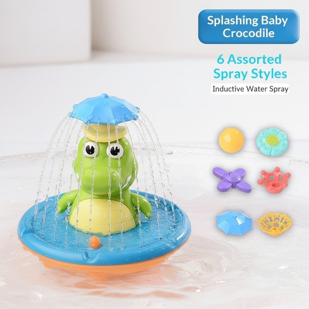 Electric Crocodile Bath Toy, Rotating LED Light Shower Head Water Sprayer, Kids Fun Water Play Toy for Bathroom Bathtub & Swimming Pool Indoor Outdoor