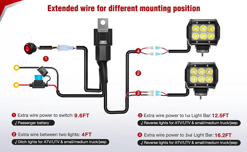 Nilight LED Light Bar 15 FT Wiring Harness Kit - 2 Leads 16AWG 12V On Off Switch Power Relay Blade Fuse for Off Road Lights LED Work Light Vehicle