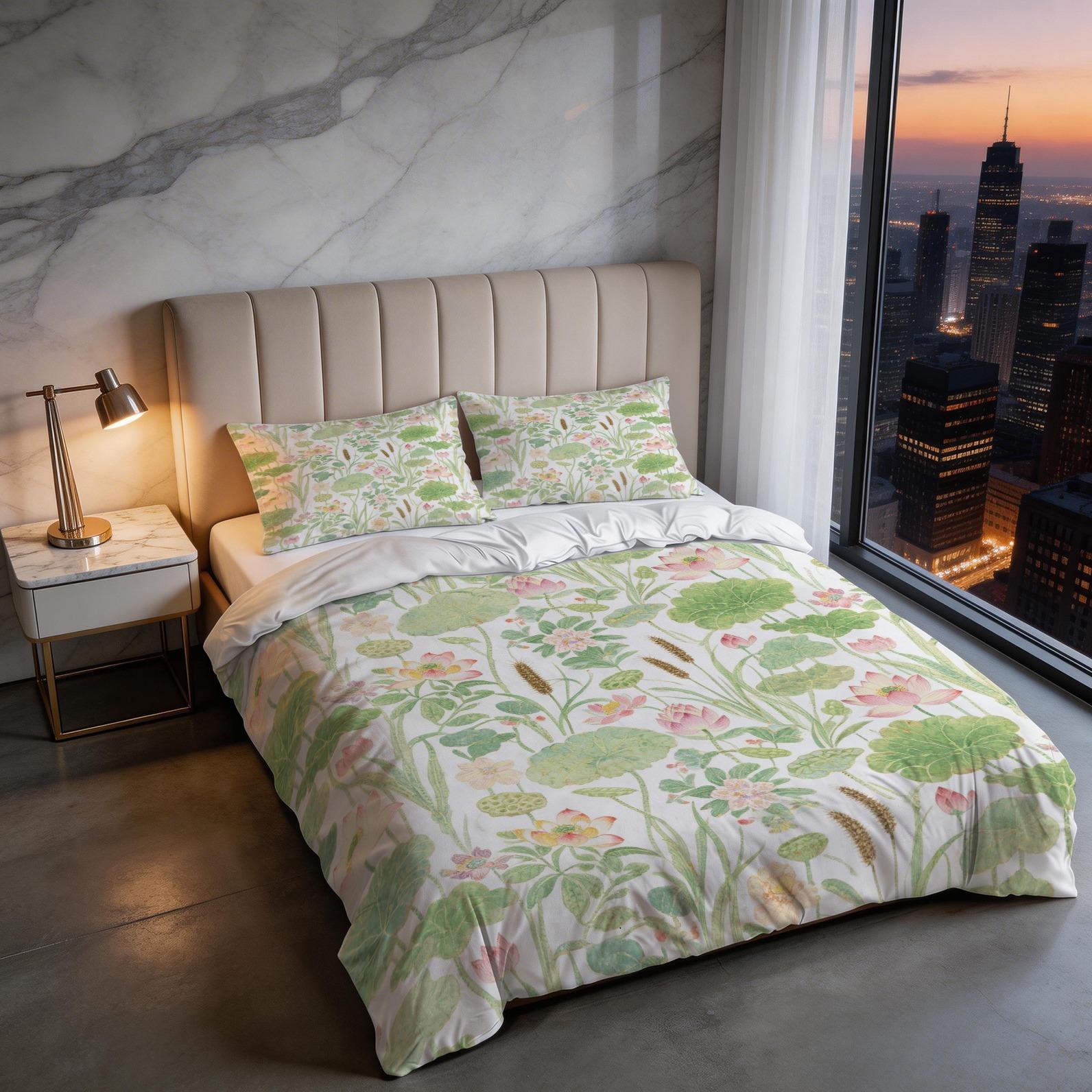 2/3 Piece Watercolor Lotus Pond Duvet Cover Set, HD Digital Printed Comforter Cover, Soft Breathable Bedding Set with Zipper Closure for Bedroom Home Decor (NoInsert)