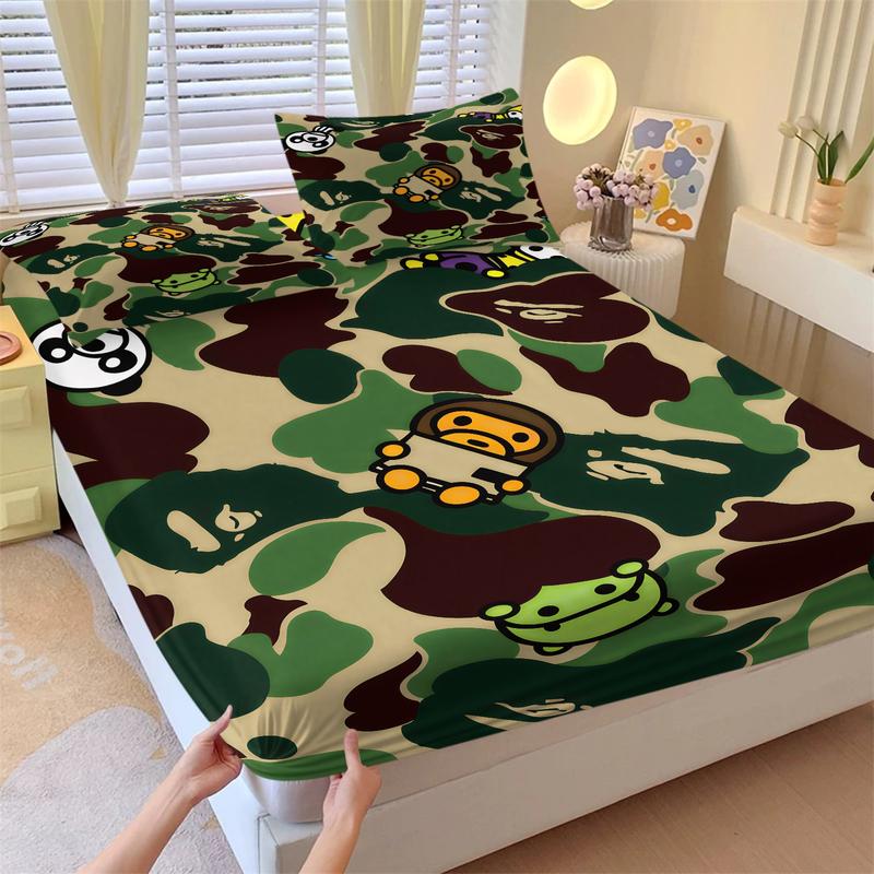 Bape ABC Camo Print 3-Piece Fitted Sheet Set, Includes 2 Pillowcases, Featuring The Classic Brand and Iconic Ape Head Logo. Soft and Comfortable, Perfect for A Street-Style Bedroom Decor. An Ideal Gift for Streetwear Enthusiasts.