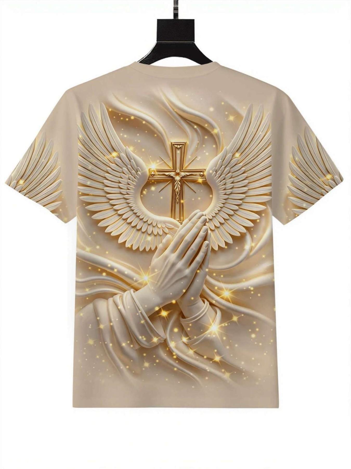 New Religious Prayer Hand Angel Wings Cross Print Men's Round Neck 3D High-Definition Short Sleeve, Sporty Slim-Fit Summer T-Shirt