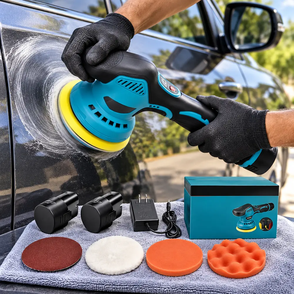 5 Inch Cordless Car Polishing Buffer, 8 Speed Settings, Anti-Vibration Grip, Includes 2 12V Batteries, Perfect DIY Detailing Tool for Cars, RVs & Boats