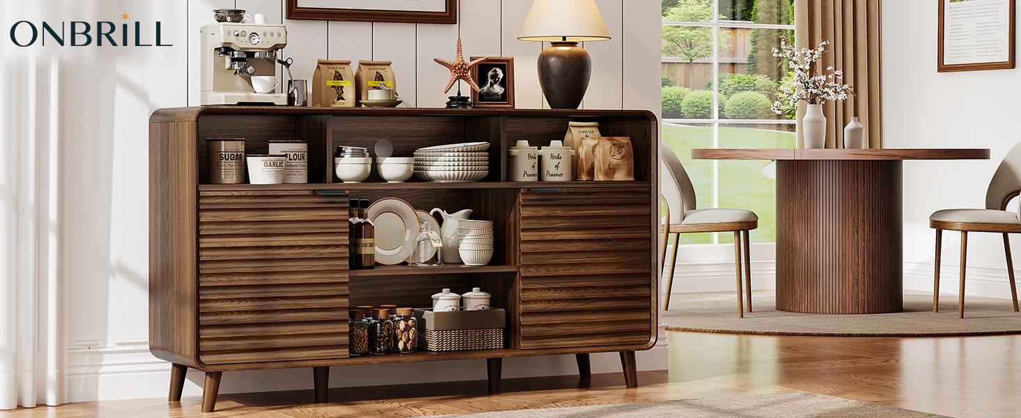 【SPOTLIGHT DAY】ONBRILL 58 Inch Curved Sideboard Buffet Cabinet w/2 Wave Doors and Open Storage Spaces, Angled Side Frame, Sideboard Storage with Adjustable Shelves, Coffee Bar Cabinet for Dining Room, Living Room