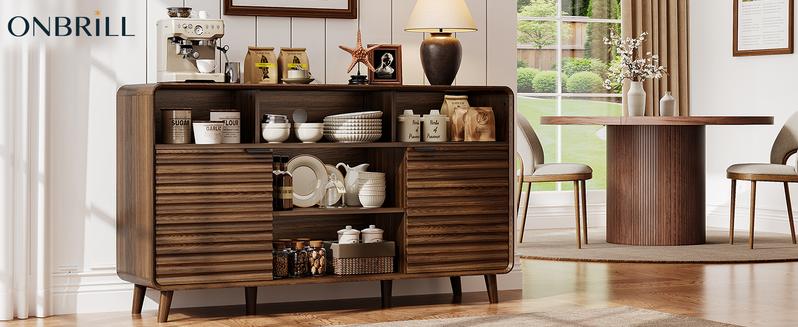 【Valentine's Day gift】ONBRILL 58 Inch Curved Sideboard Buffet Cabinet w/2 Wave Doors and Open Storage Spaces, Angled Side Frame, Sideboard Storage with Adjustable Shelves, Coffee Bar Cabinet for Dining Room, Living Room