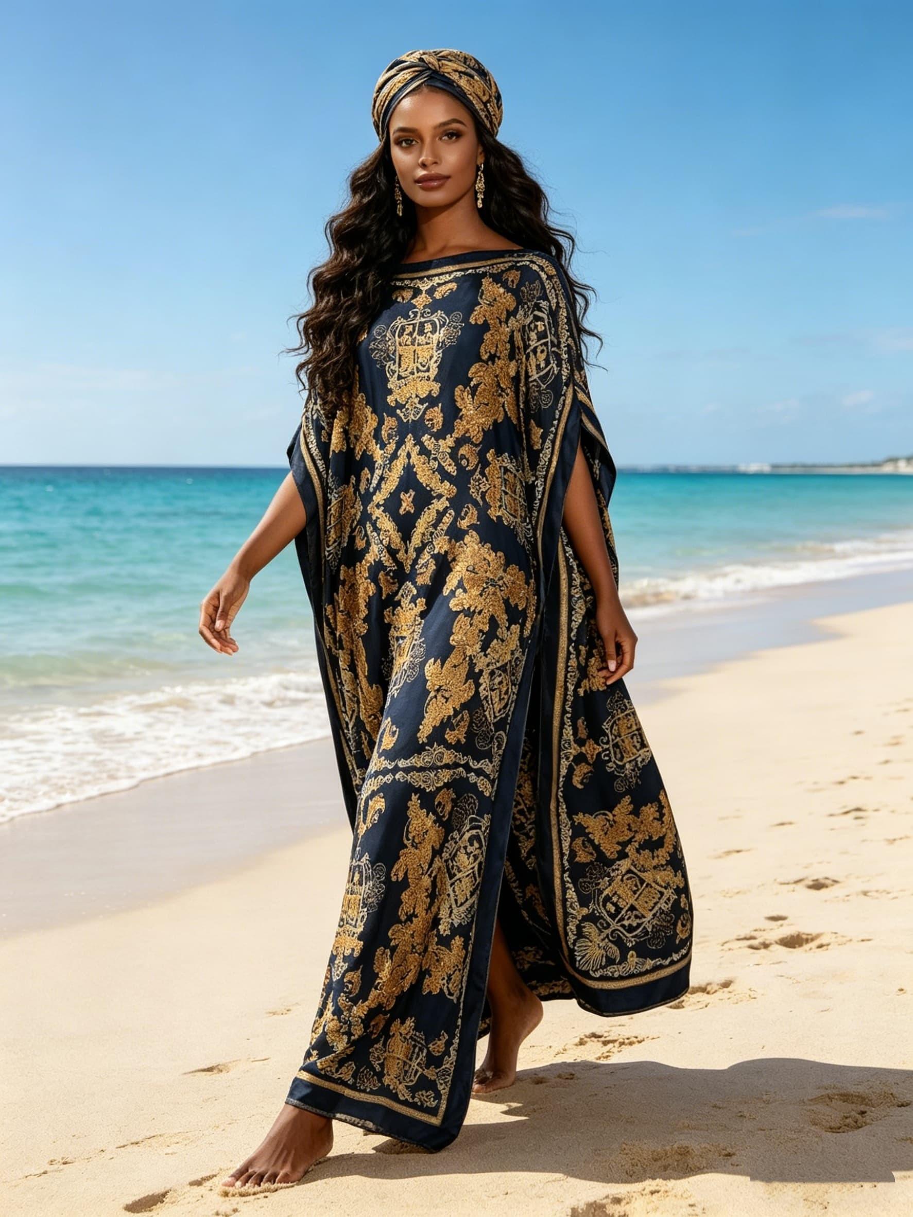 2026 New Women's 2 Piece Black Gold Baroque Print Kaftan Maxi Dress with Matching Headscarf, Silky Loose Pleated Robe, Plus Size Friendly, Beach Cover Up, Resort Vacation & Luxury Evening Party Wear