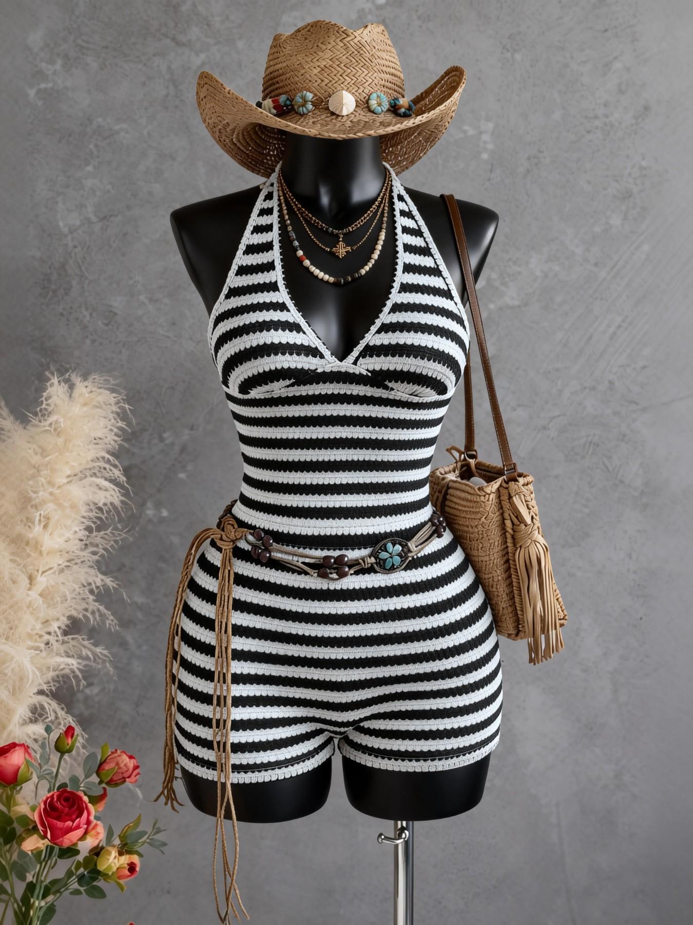 Fashion Women's Knitted Jacquard Halter V-Neck Casual Comfy Jumpsuit, Versatile Daily Fashion, Stylish All-Season Wear