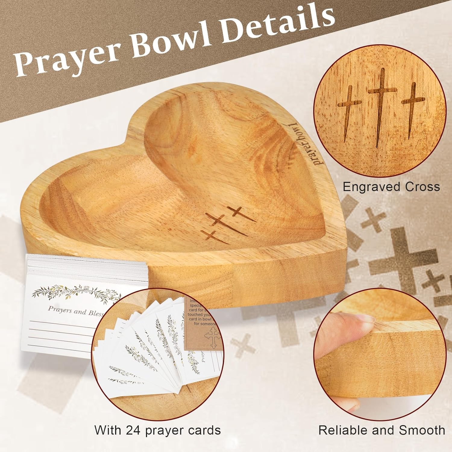 Heart Shaped Prayer Bowl with Cross - Handmade Wooden Dough Bowl for Christian Prayer, Communion & Worship, Unique Church Gift for Congregation, Baptism, Bible Study Decor Religious